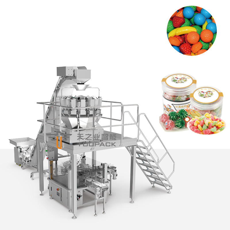 Imballaggio automatico Caramelle dure Zucchero gommoso Bottiglia rotonda Bottellino di plastica Macchine di riempimento e imballaggio
