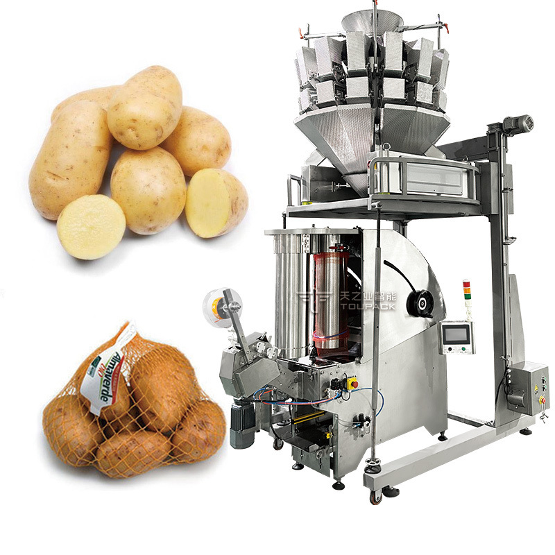 Macchina automatica completa per l'imballaggio e la pesatura di sacchi a rete per verdure, patate, arance e frutta