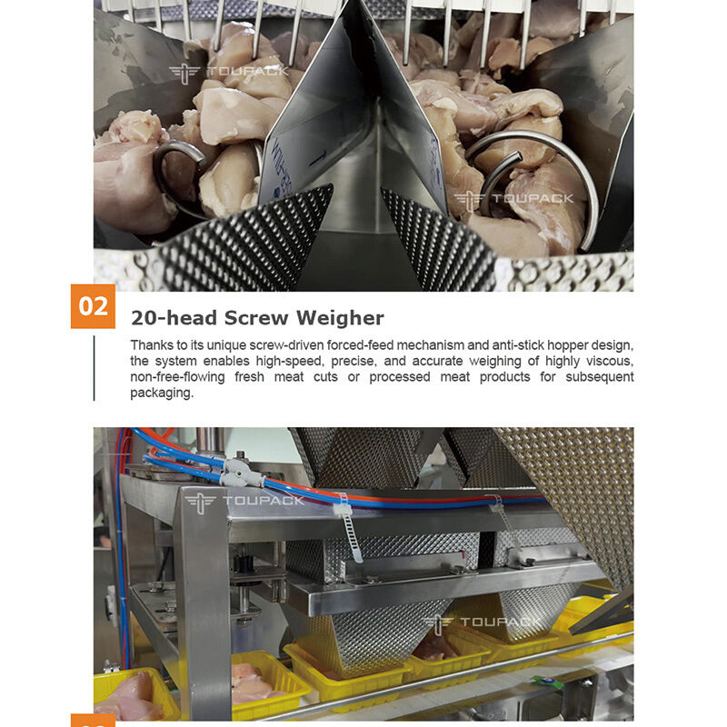 All-in-one Automatic Tray Denesting & Filling Line con visello multihead pesante ad alta precisione per la carne appiccicosa