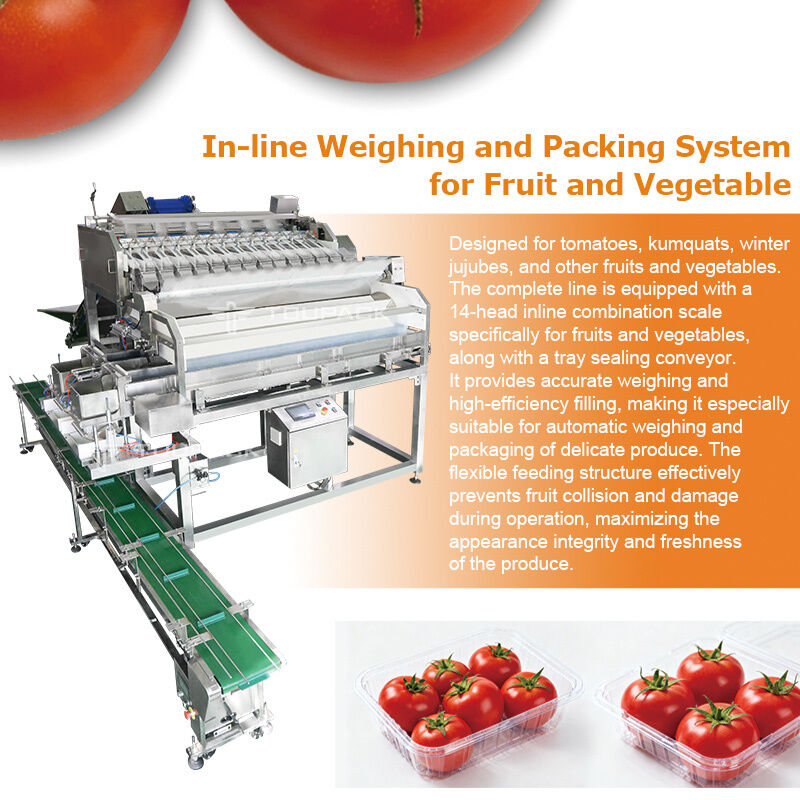 Linea di confezionamento automatica per sigillatura di vassoi per frutta e verdura con pesatrice lineare con sistema di pesatura ad alta precisione