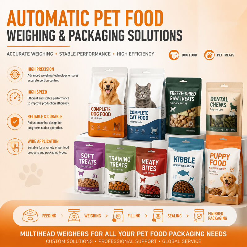 Sistema di confezionamento di alimenti per animali domestici con pesatrice multitesta a 32 teste per un controllo accurato delle porzioni e un confezionamento ad alta velocità