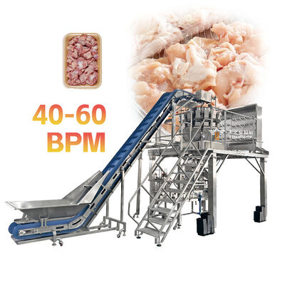 Linea automatica ad alta velocità per il confezionamento di vaschette di carne con pesatrice multitesta a vite per proteine appiccicose e fresche