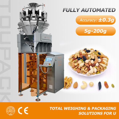 Macchina di imballaggio verticale automatico di patatine di frutta secca di granuli di semi di caramelle con pesatrice multi-testa