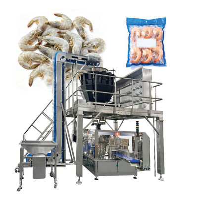 Linea di confezionamento di crocchette di pollo congelate con pesatrice multitesta e macchina per buste preconfezionate
