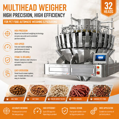 Sistema di confezionamento di alimenti per animali domestici con pesatrice multitesta a 32 teste per un controllo accurato delle porzioni e un confezionamento ad alta velocità